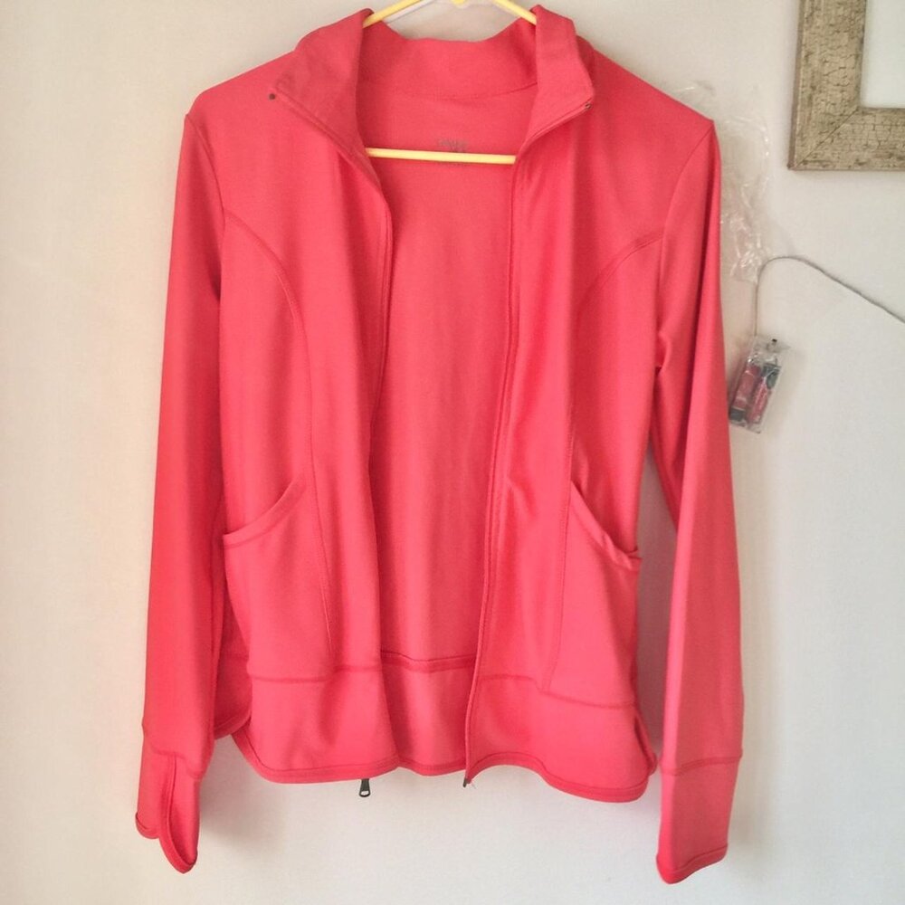 Bright Orange Pink sip up sweater Swim suit material Size small Cute, Chic, Bri